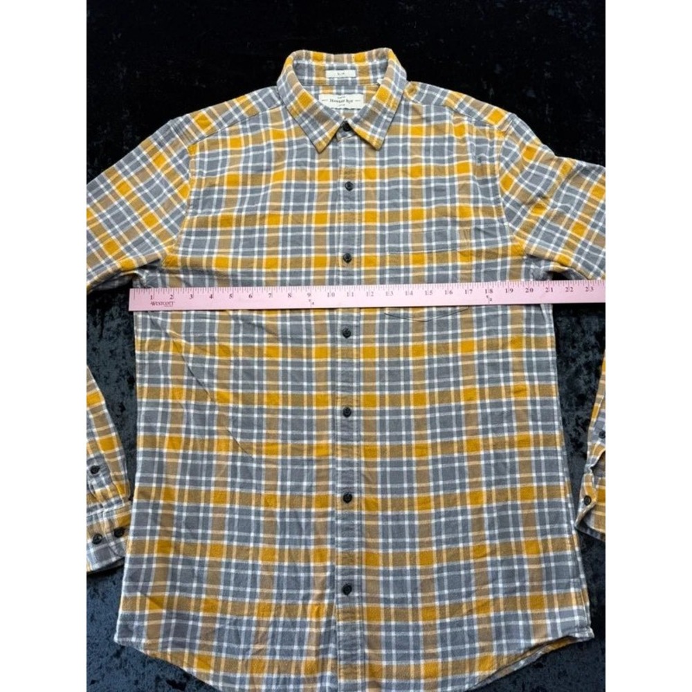 Hawker Rye Men's L Tall Slim Fit Stretch Flannel Shirt Gray Mustard Plaid - Picture 7 of 11